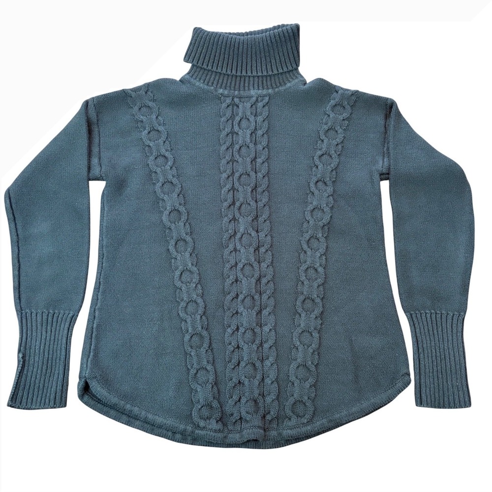 LL Bean Womens M Cotton Cable Knit Chunky Turtleneck Sweater Tunic Dark Grayโ